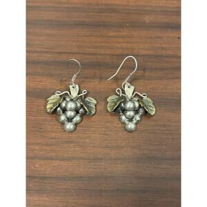 Vintage Mexico 925 Sterling Silver Grape & Leaf Cluster Dangle Earrings Signed